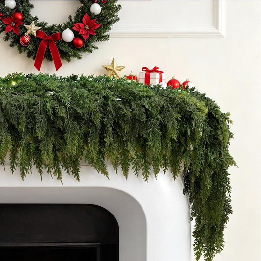 2PCS 6FT Christmas Cedar Garland with 160 Pine Branches, Realistic Faux Garland Artificial Greenery for Fireplace, Table, Mantle, Wall, Indoor, Outdoor,Home Decorations