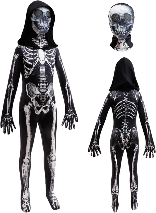 BanKids Halloween Skeleton Costume Kids Scary Skeleton Jumpsuit Onesie Dress up with Hood and Mask 3-10Years