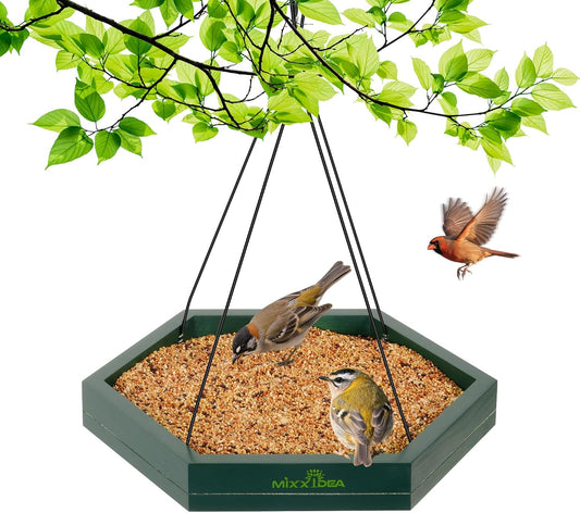 MIXXIDEA Platform Bird Feeder Tray, Hanging Bird Feeders for Outdoors, Wooden Seed Tray Mesh Seed Platform for Garden Yard Outside Decoration Attracting for Wild Birds (1pk-Green)