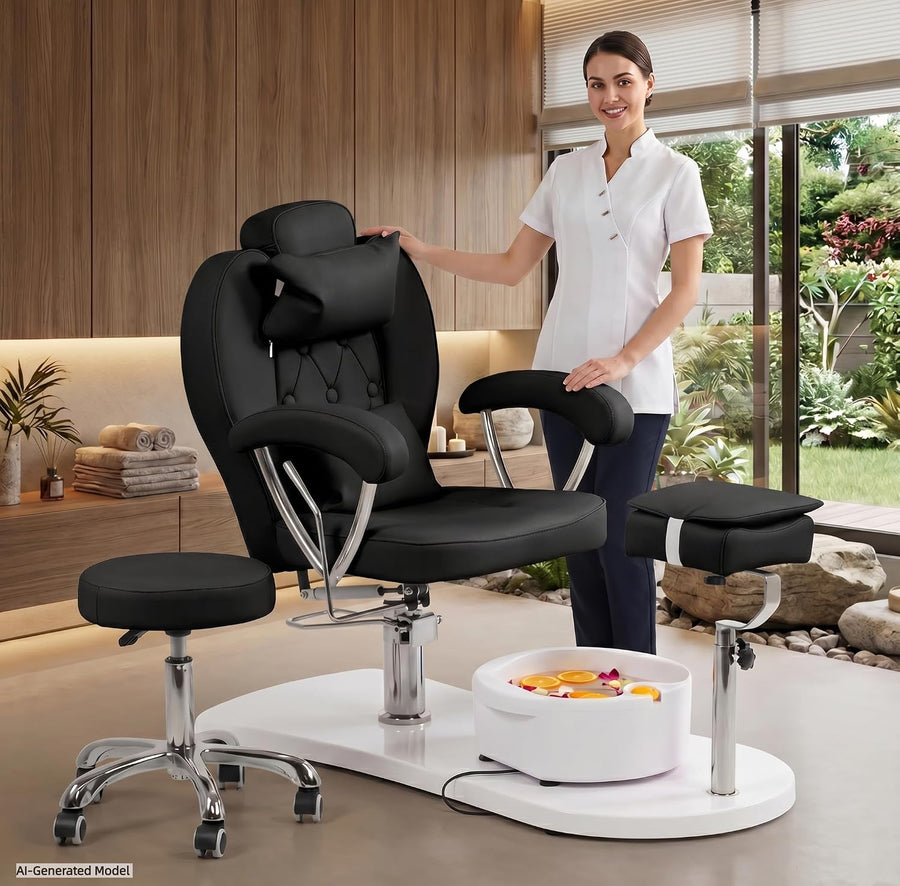 Pedicure Chair No Plumbing with Stool & Foot Bath (Black)