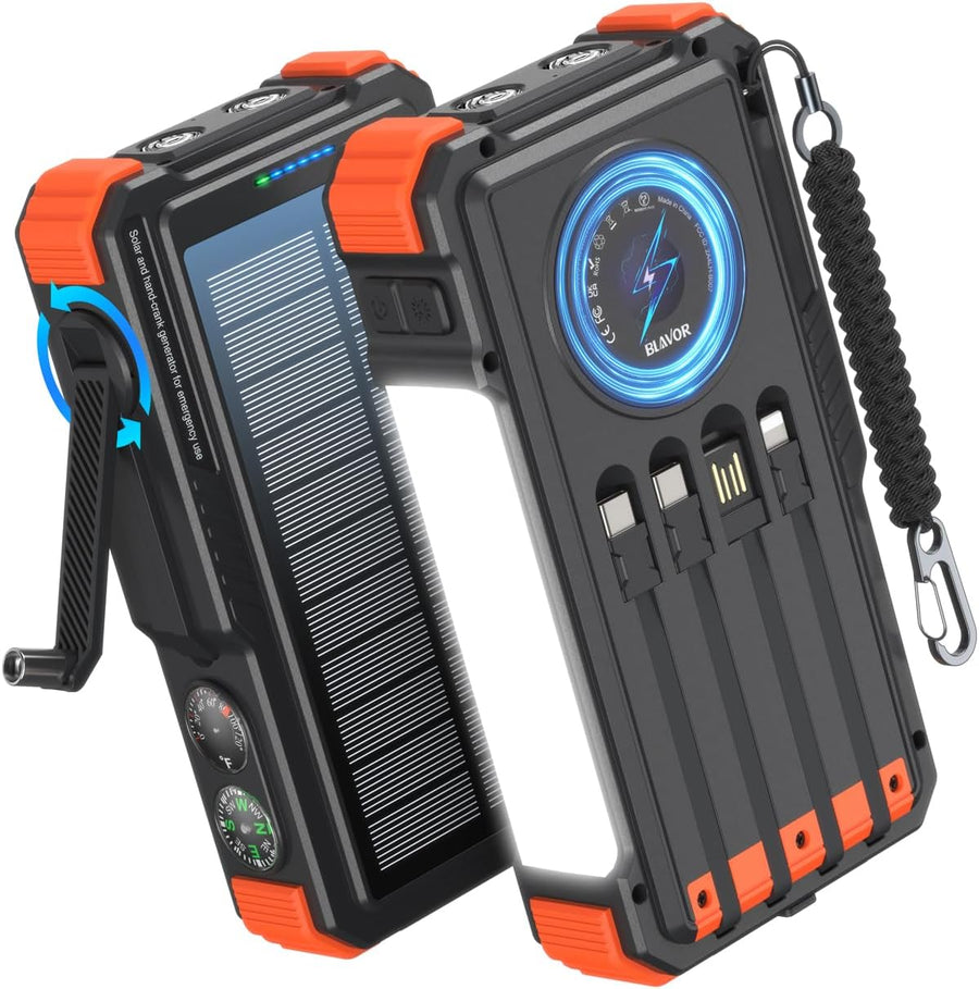 BLAVOR Solar Power Bank with Hand Crank and Built-in 4 Cables 20000mAh