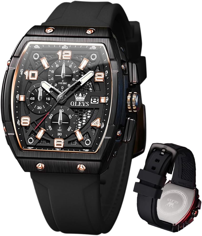 OLEVS Watches for Men Silicone Square Multifunctional Mens Casual Watch