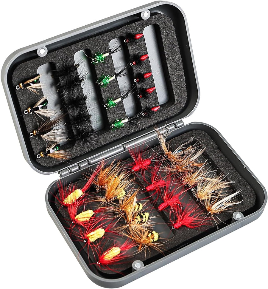 Fly Fishing Flies Assortment Kit, Hand-Tied Dry Wet Fishing Lures, Nymphs, Streamers, Terrestrials for Trout Bass Sunfish, Pike with Magnetic Fly Box