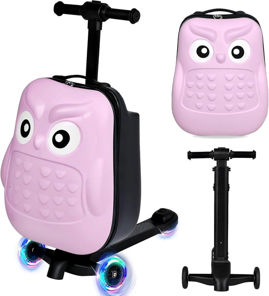 smilesun Detachable Scooter Suitcase for Kids & Teens, 3D Cute Owl Ride-On Luggage, Lightweight Foldable Design, Unique Travel Gift for Children, 22-inch