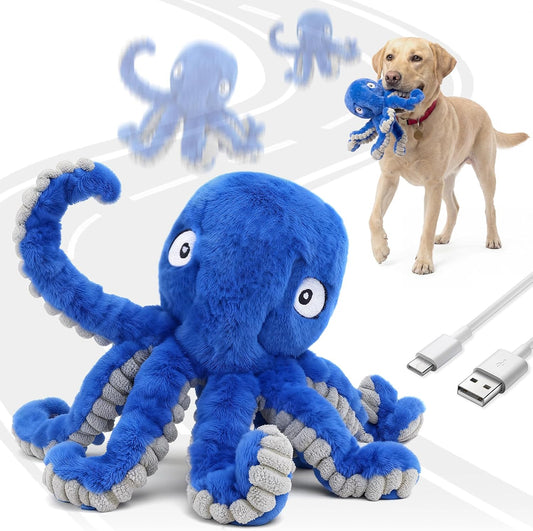 Interactive Dog Octopus Toy, Upgrade Automatic 1.5H Jumping Ball with Motion Activation for Small Large Dogs, 2 in 1 Rechargeable Move & Tug Plush Toy Pets Keep Busy, No Music (Blue Crinkle)
