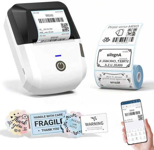 Portable Thermal Printer, Bluetooth Label Maker Machine with Tape, Barcode & Small Receipt Printing Mode, USB Wireless, Compatible with Android iOS Windows macOS