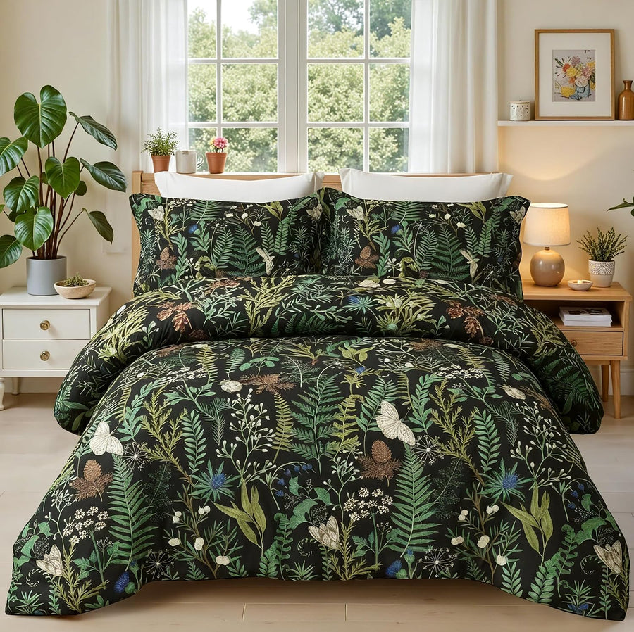 King Comforter Set - 3 Pieces Botanical Bedding Comforter Set, 1 Soft Green Plant Flowers Comforter (104"x90") and 2 Pillow Shams(20"x36") Ultra-Soft Comfort Suitable for All Seasons