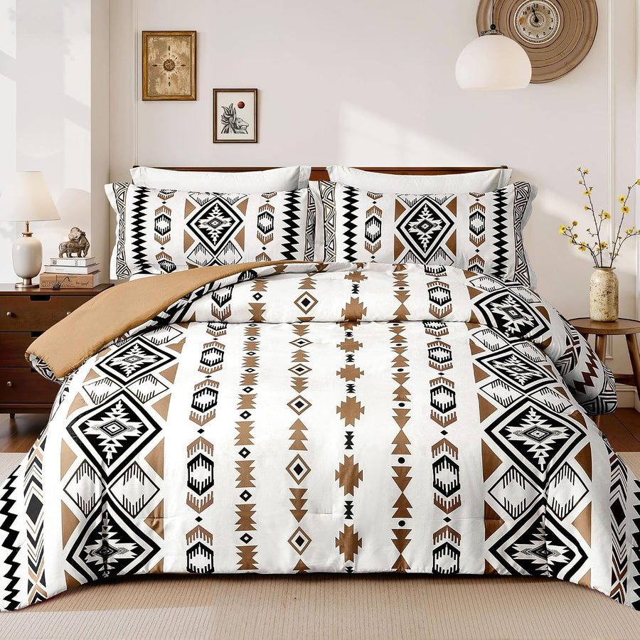 Tyrot King Comforter Set – 3 Piece Brown Boho Aztec Bedding, Western Southwestern Style Comforter Sets, Soft Lightweight Comforter for All Seasons, 1 Comforter & 2 Pillow Shams
