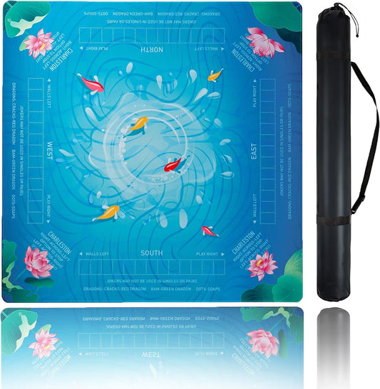 Mahjong Mat for Table,CUFURNIX 31.5''x31.5'' Non-Slip & Noise Reduction Mahjong Mat with Rules,Mah Jongg Gift with Carrying Bag for Poker,Board Games,Dominoes,Cards & Tile Games (Blue-Green)