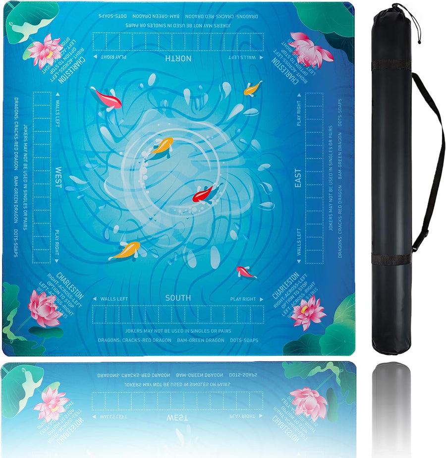 Mahjong Mat for Table,CUFURNIX 31.5''x31.5'' Non-Slip & Noise Reduction Mahjong Mat with Rules,Mah Jongg Gift with Carrying Bag for Poker,Board Games,Dominoes,Cards & Tile Games (Blue-Green)