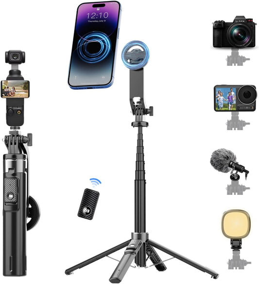 Magnetic Phone Tripod 53" Portable Selfie Stick for iPhone MagSafe GoPro Action Cameras with Rechargeable Remote Compatible with Android Travel Vlogging Live Streaming Content Creators