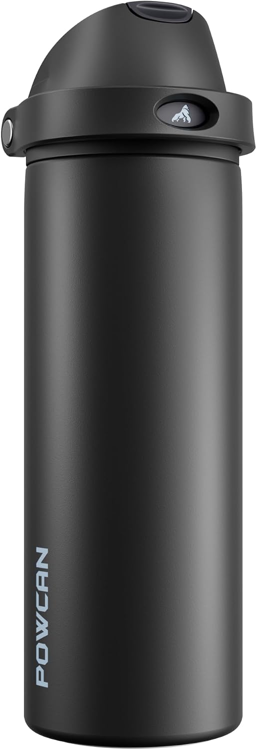 POWCAN 24 oz Insulated Water Bottle: 2-in-1 Push-Button Spout & Quick-Flip Straw, Leakproof, Cold 24Hrs, Fits Car Cup Holder, Stainless Steel Water Bottle for Sports, Travel, School, Gift (Very Black)