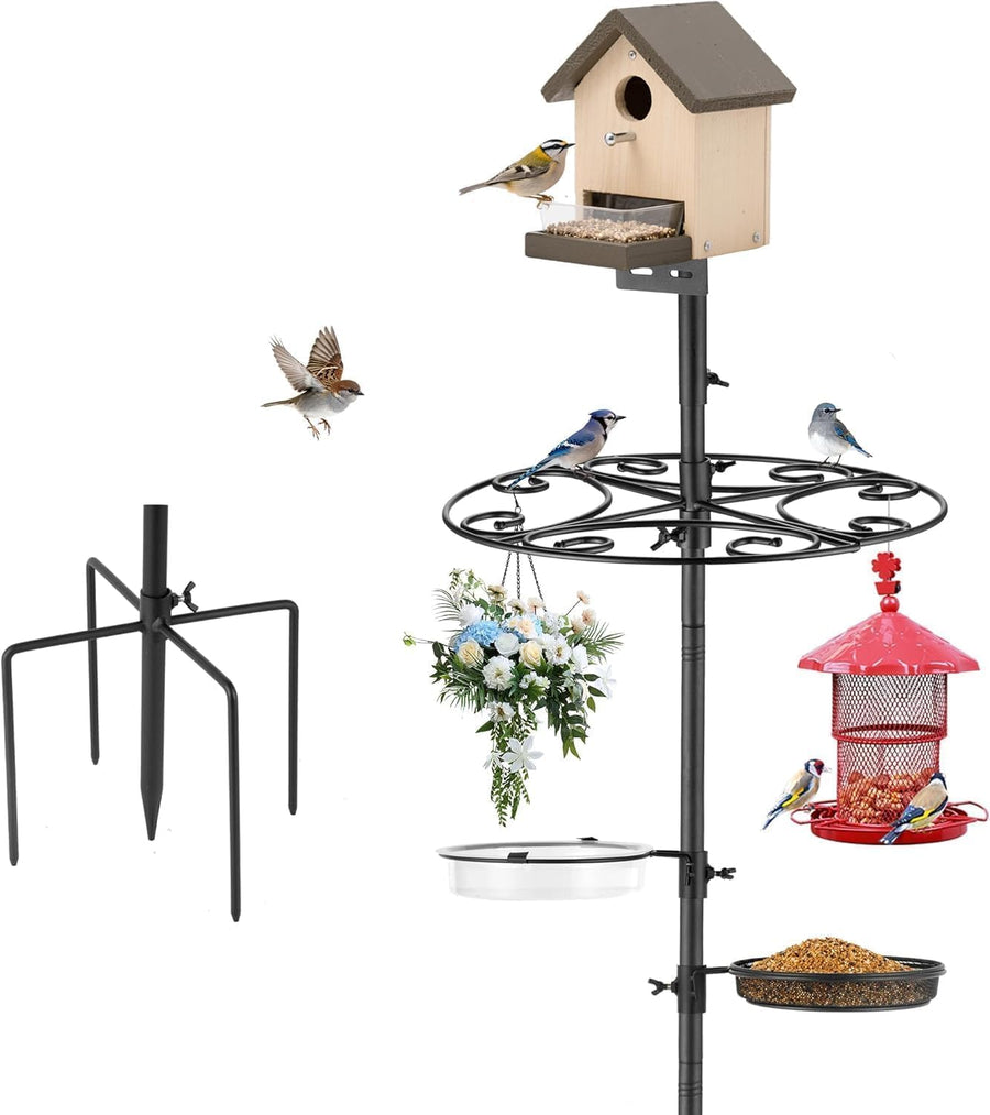 Upgraded Heavy Duty Bird Feeder Pole - Thicker Steel Bird Feeding Station Pole with 5-Prong Base, Wind-Resistant Water Bowl, Mesh Tray, Bird House Frame for Yard Garden Backyard(Not Include Birdhouse)