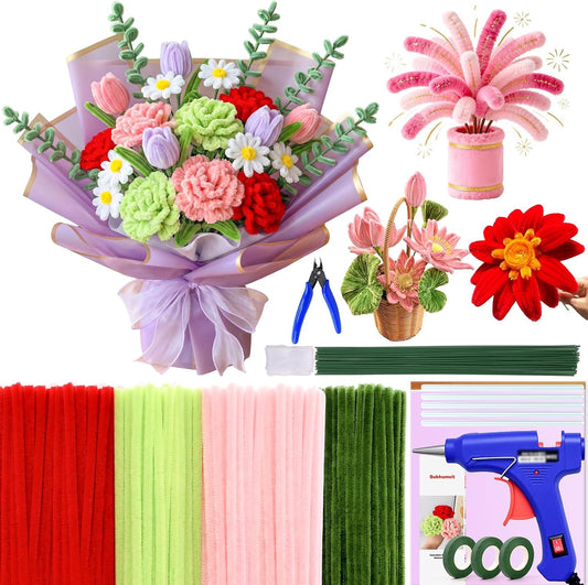 645Pcs Pipe Cleaner Flower Kit with Glue Gun & Detailed Picture Instruction