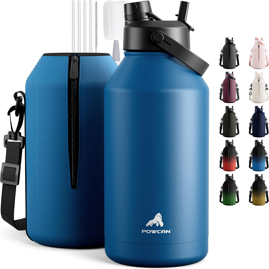 POWCAN 64 oz Insulated Water Bottle with 2-in-1 Straw Spout Lid, Leakproof, Carrier Bag, Shoulder Strap, Keep Cold 48H, Half Gallon Stainless Steel Water Jug for Men, Sports, Camping, Fitness (Indigo)