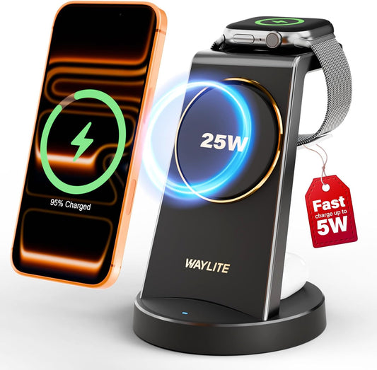 3 in 1 Fast Charging Station for iPhone, 25W Wireless Magnetic Phone Charger for iPhone 17 16e 16 15 14 13 12 Serise, Watch Charger Stand, Wireless Charging Station for AirPods 4 3 Pro, Black