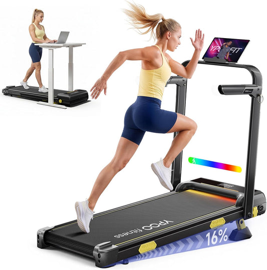 YPOO 16% Incline Walking Pad Treadmills with Handles, Under Desk Treadmills for Home Office, 6.2MPH Quiet Foldable Walking Pad with RGB Light, 330LBS Capacity