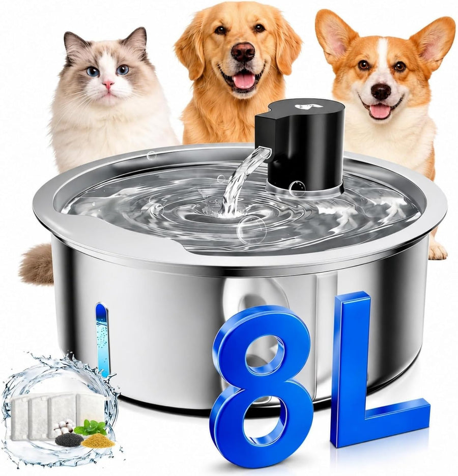 Dog Water Fountain, 8L/2.1 Gal Stainless Steel for Large Dogs & Multi-Pet