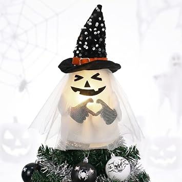 Valery Madelyn Halloween Ghost Lighted Tree Topper with Timer, 10.5 Inch Tree Topper with Spider Webs Witch Hat, Pre-Lit White Ghost Decor for Halloween Tree Decoration, Indoor Party
