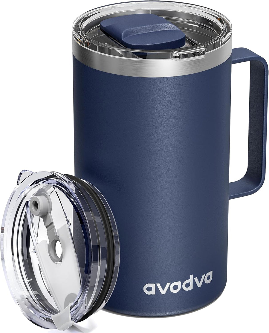 24oz Insulated Coffee Mug with Handle, 2 Lids & Straw, Travel Cup