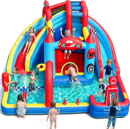 ELEMARA Speed Racer 15-in-1 Inflatable Water Slide Bounce House for Big Kids, 191x175in Double Slide Water Park w/Climbing Wall, Splash Pool,Water Cannon,Basketball,Dartboard & Boxing Post,750W Blower