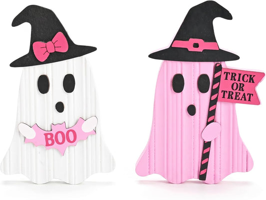 Valery Madelyn Pink Halloween Decor, Set of 2 Cute Halloween Ghost Decor, Witch Hat Boo & Trick or Treat Wooden Tabletop Signs for Home, Shelf, Tiered Tray Party Display, 5 Inch
