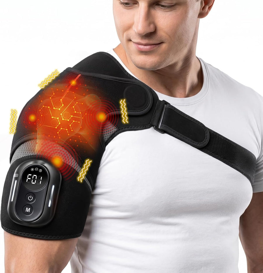 Cordless Shoulder Massager with Heat, Heating Pad for Shoulder with 5 Temperatures & Vibration, Heated Shoulder Brace for Frozen Shoulders Relief, Rotator Cuff Support for Men Women Black