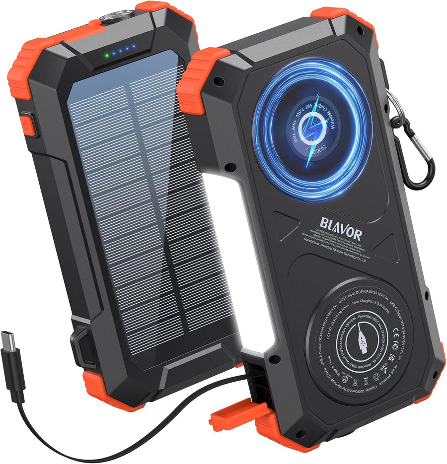 BLAVOR Solar Power Bank Built-in 27.5in Retractable Cable 20000mAh