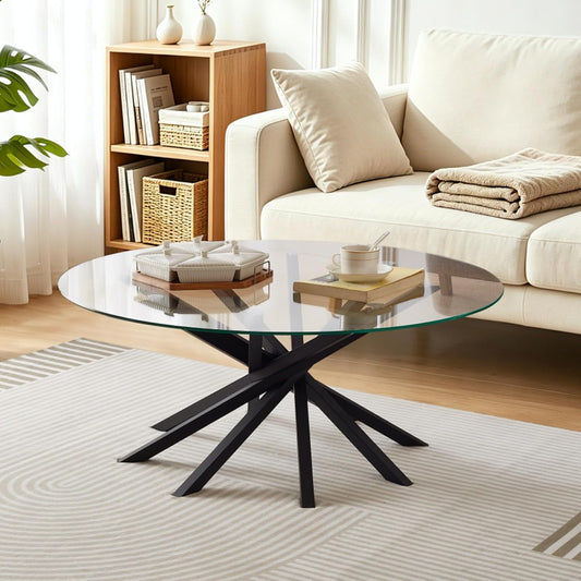 Round Glass Coffee Table-Mid Century Modern Solid Wood Coffee Table