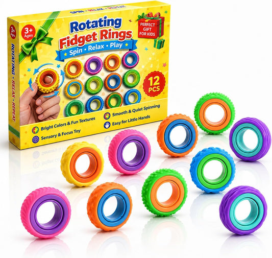 Fidget Rings for Kids, 12 Pack Rotating Finger Spinner Rings, Fidget Toys
