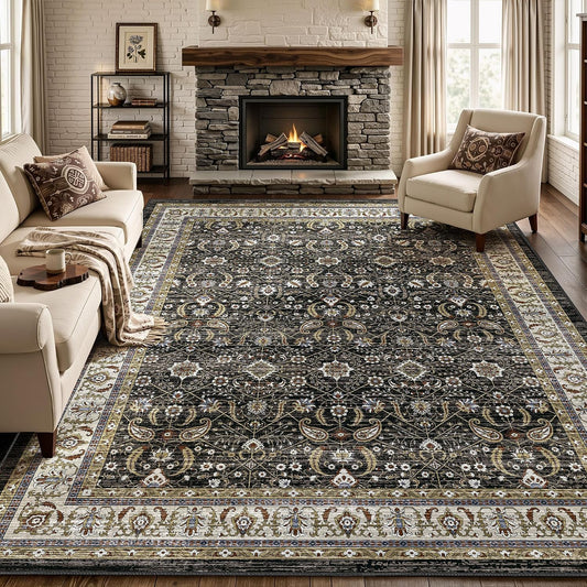 Charcoal Black Farmhouse Area Rugs 8x10, Washable Upgraded Non-Slip Living Room Rug, Vintage Distressed Floral Low Pile Carpet for Bedroom, Dining Room, Home Office, Kitchen, Charcoal Black Ivory