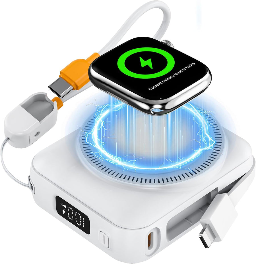 20000mAh Portable Charger 22.5W Fast Charging Power Bank Charge iWatch, Built-in Cables, LED Display, Magnetic Wireless Charging, TSA Approved, Pocket Size, for Apple Watch, Phone, AirPods, White