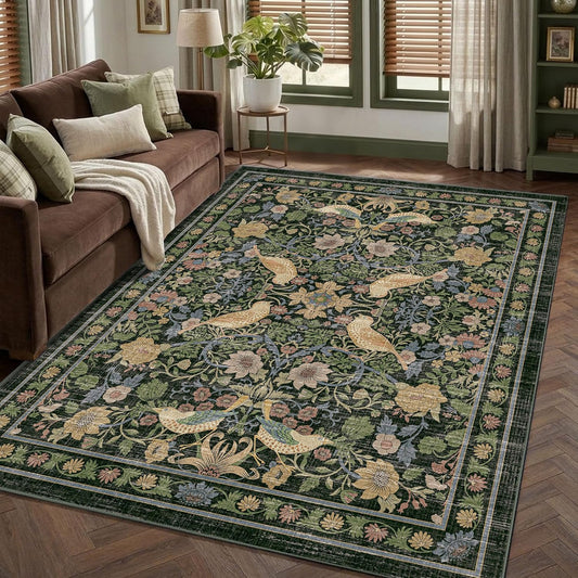 Arenarug Vintage Floral Area Rug 5x7, Botanical Bird Washable Living Room Rug, Non Slip Stain Resistant Low Pile Soft Carpet for Bedroom Dining Room Under Table Home Office, Dark Green