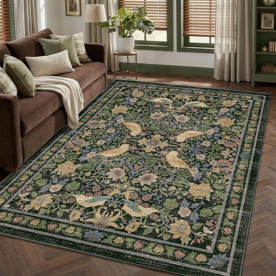 Arenarug Vintage Floral Area Rug 5x7, Botanical Bird Washable Living Room Rug, Non Slip Stain Resistant Low Pile Soft Carpet for Bedroom Dining Room Under Table Home Office, Dark Green