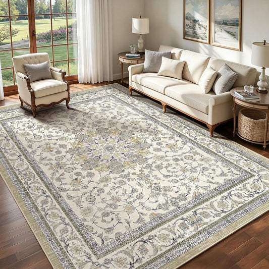 Arenarug 5x7 Washable Area Rug, Non Slip Living Room Rugs Distressed Boho Floral Rug, Soft Low Pile Indoor Carpet for Bedroom, Dining Room, Home Office, Ivory/Pale Beige