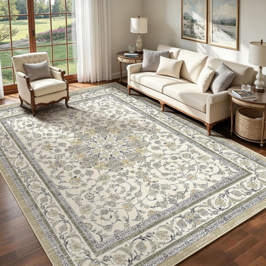 Arenarug 5x7 Washable Area Rug, Non Slip Living Room Rugs Distressed Boho Floral Rug, Soft Low Pile Indoor Carpet for Bedroom, Dining Room, Home Office, Ivory/Pale Beige