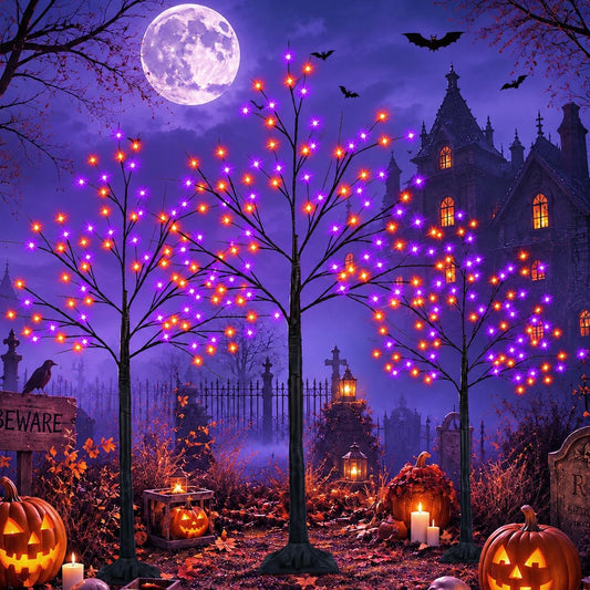 Black Halloween Tree with Purple and Orange Lights, 3Pack 4/5/6FT 300LED