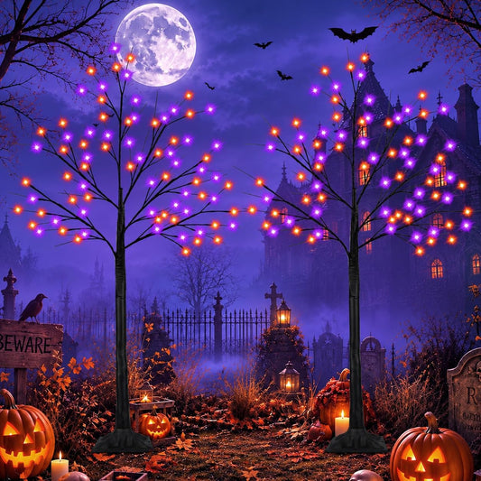 2Pack 6FT Lighted Black Halloween Tree with 300LED Orange & Purple Lights