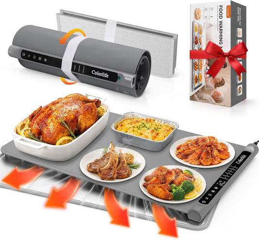 Warming Mat for Food, Rapid Heating, 7 Temps, 6H Timer, Child Lock, Gray