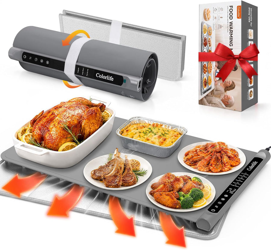 Warming Mat for Food, Rapid Heating, 7 Temps, 6H Timer, Child Lock, Gray