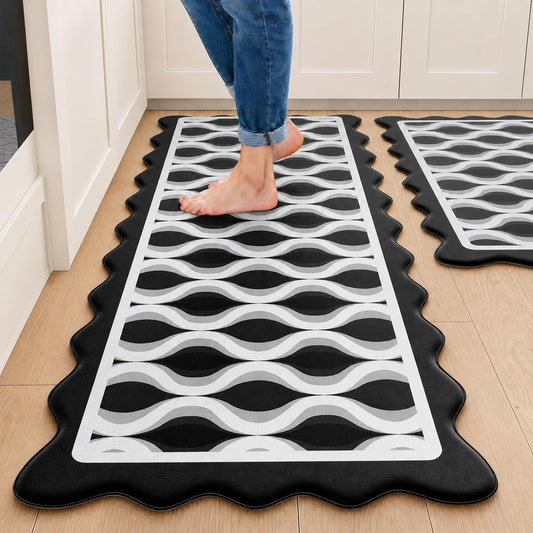 Scalloped Wavy Lattice Kitchen Mats for Floor, Black Kitchen Rugs