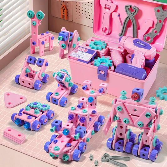 Pink Kids Tool Set for Girls, 134Pcs Tool Set with Drill &Toolbox,STEM Montessori Toys for 3 4 5 Year Old,Pretend Play Kid Toy,Educational Construction Toy for 3-6 Year Old Girl,Birthday Gift for Kids