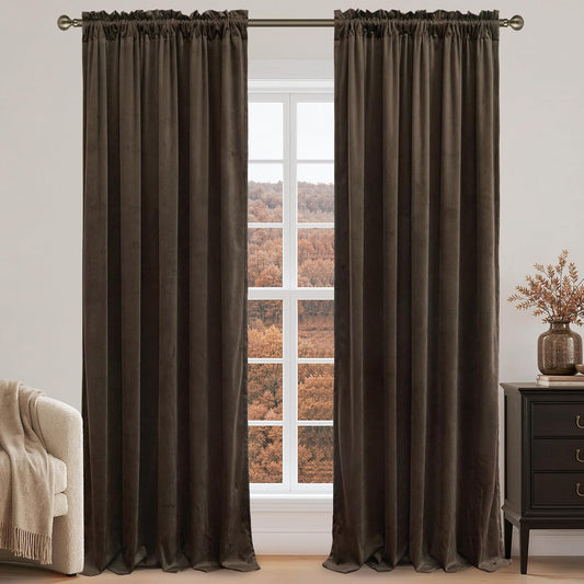 LAMIT Brown Velvet Blackout Curtains 84 Inch Length 2 Panels Set