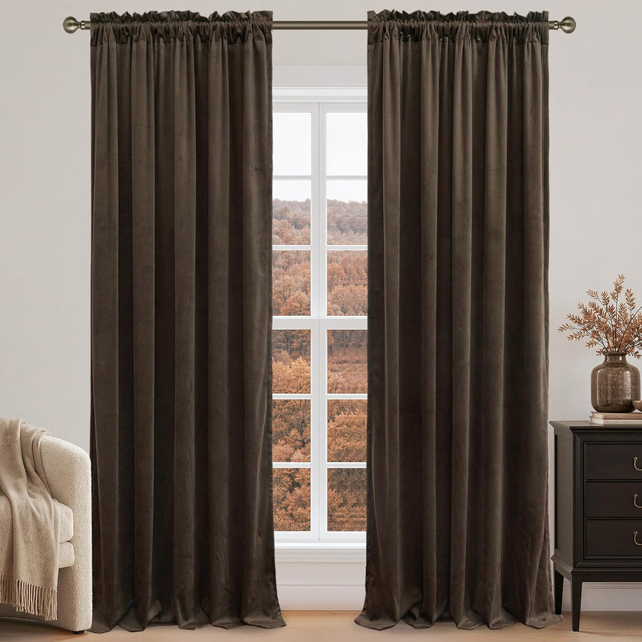 LAMIT Brown Velvet Blackout Curtains 84 Inch Length 2 Panels Set