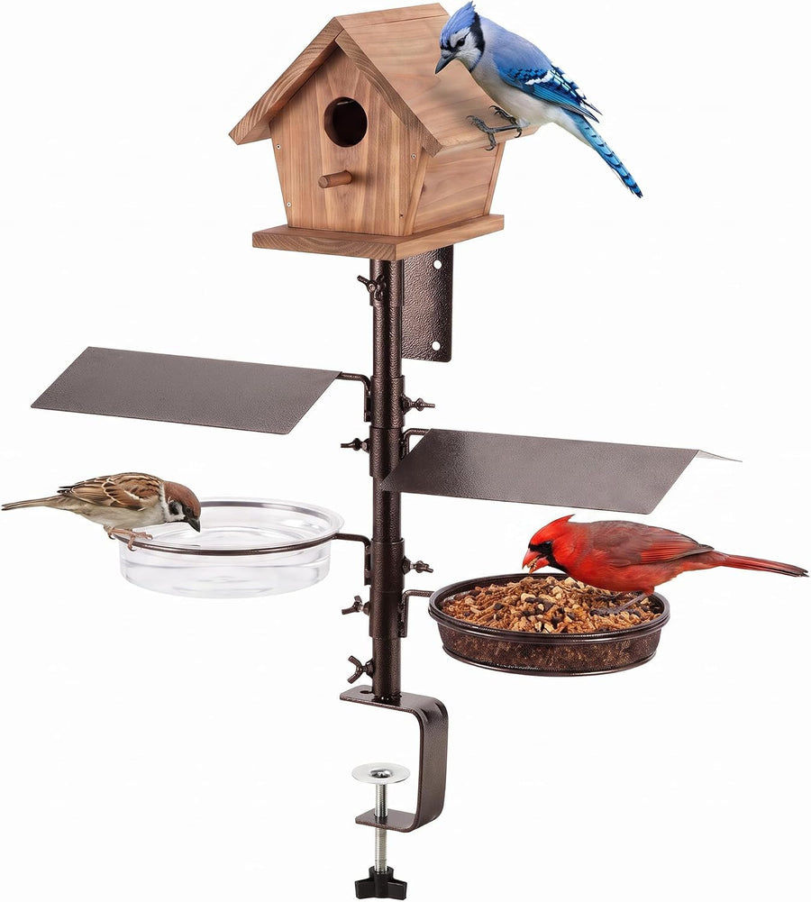 Urban Deco Deck Bird Feeder for Railing, 3-in-1 Balcony Platform Feeder,Mesh Seed Tray & Water Bowl,Windproof Snap-Lock, Roof Shields, Adjustable Clamp 3.3 Inch, Bronze,Birdhouse Not Included