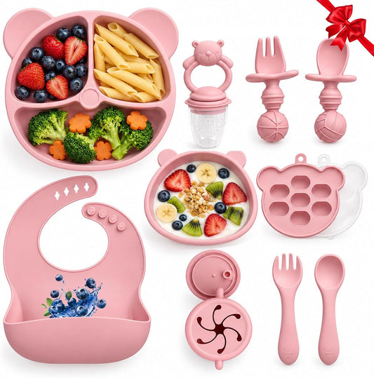 Silicone Baby Feeding Set, 12-Piece Non-Slip Dinnerware Set with Spoon, Divided Plate, and Bib, Baby Meal Set with Suction Cups, Silicone Baby Dinnerware for Toddlers (Pink)