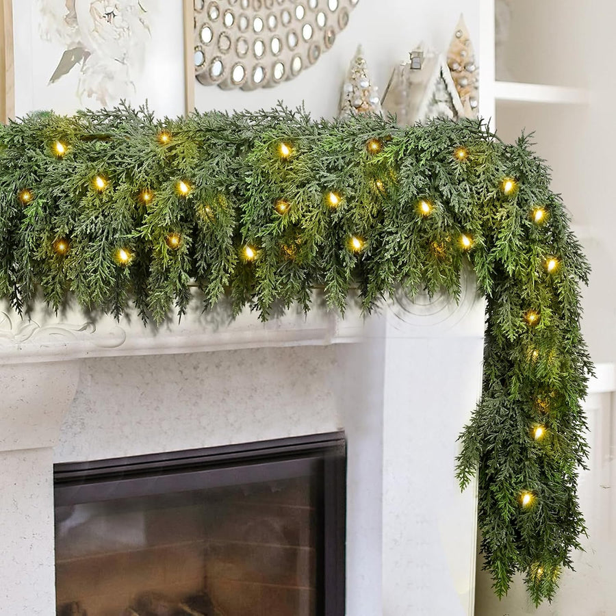 6FT Thick Christmas Cedar Garland with Lights, Layered Faux Greenery Decor