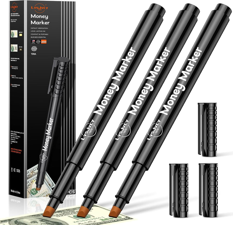 Counterfeit Money Detector Pen, Professional Maker Checker Tester Pens for Fake Bill Cash Money Dollar Currency, Upgraded 30% More Ink & Chisel Tip for Personal & Commercial Use - 3Pack