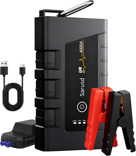 4000A Battery Jumper Starter Portable with Force Start, 12V Car Jump Starter with PD 18W Jump Box for All Gas & Up to 10L Diesel Engines Jump Pack with Booster, Jumper Cables & LED Light