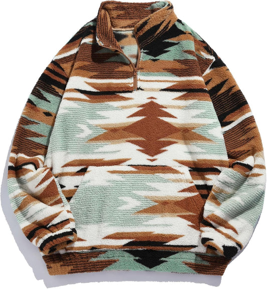 ZAFUL Men 1/4 Zipper Ethnic Aztec Fleece Unisex Winter Sweatshirt Tops 2026